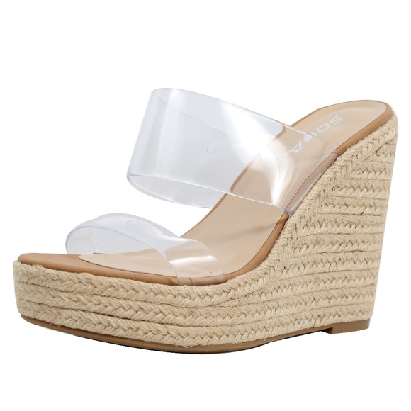 Clear Double Band Straps Espadrille Platform Wedge - Picture 2 of 6